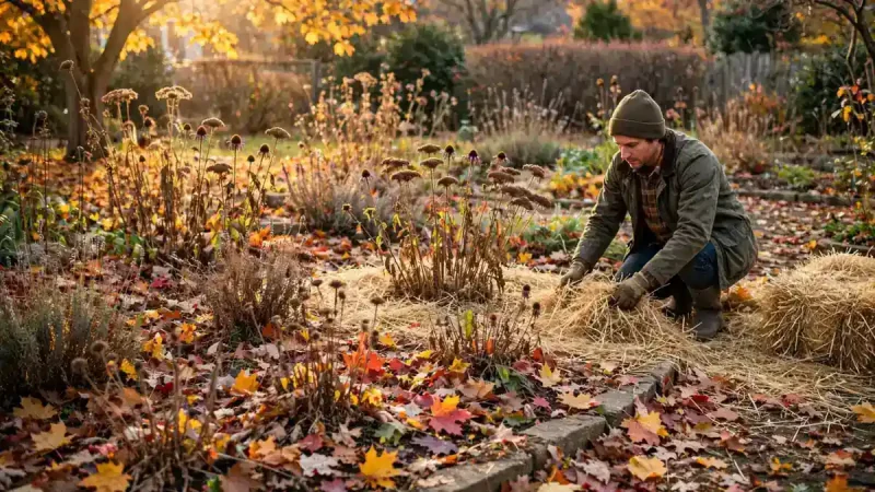 Gardener applying mulch to autumn garden beds with fallen leaves during fall garden preparation