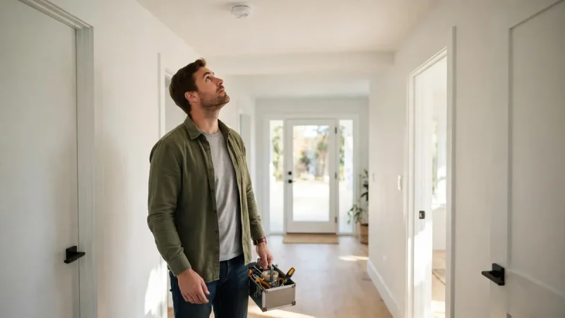 New homeowner holding a small toolbox in a bright hallway under a smoke alarm, following a basic home maintenance checklist for new homeowners