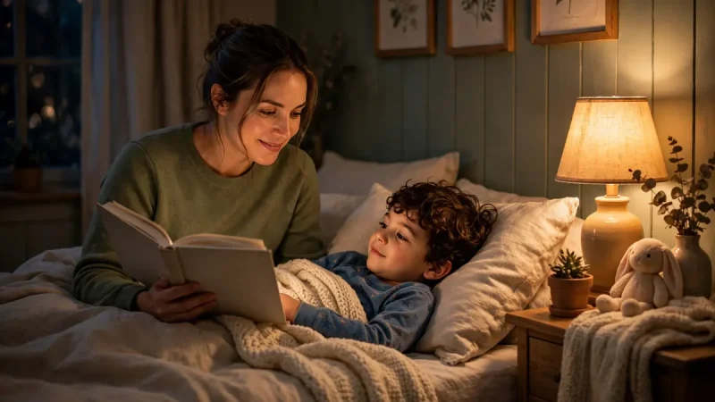 Parent reading a bedtime story to a young child tucked in bed during a calm bedtime routine for kids