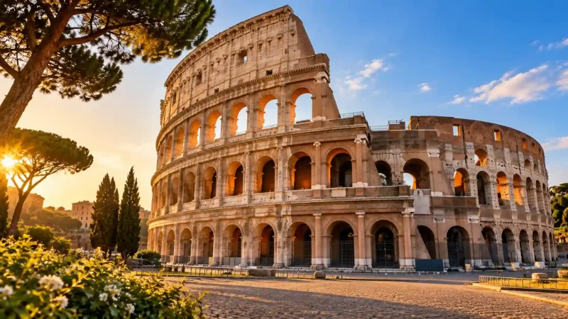 Best Historic Place To Visit In Italy featuring ancient Rome Colosseum and Roman Forum at golden hour