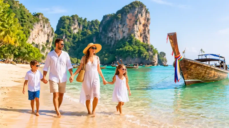 Best Places in Thailand to Visit with Family showing a family walking on a scenic tropical beach in Krabi Thailand