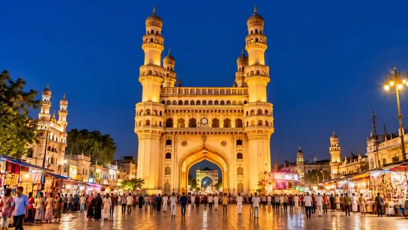 Best Places to Visit in Hyderabad in Night showing the illuminated Charminar monument and night market plaza