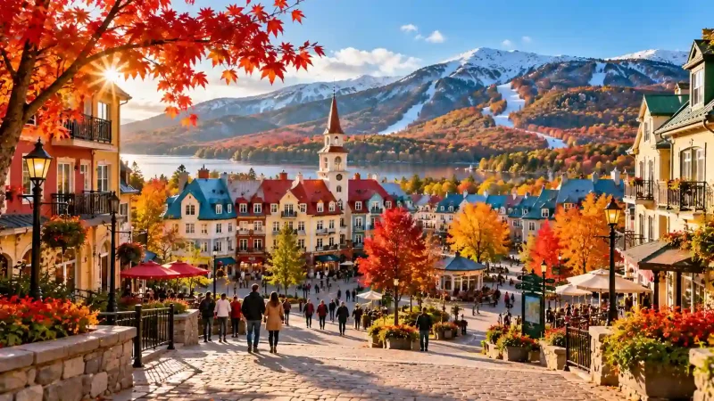 Best Places To Visit In Mont Tremblant showing the colorful pedestrian village and Laurentian mountain slopes