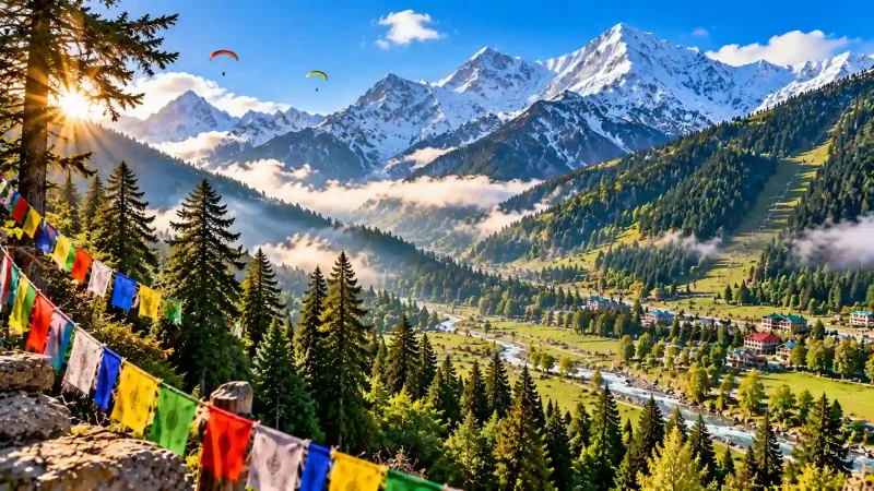 Best Places to Visit in Shimla Kullu Manali showing snow-capped Himalayan peaks and pine forests in Himachal Pradesh