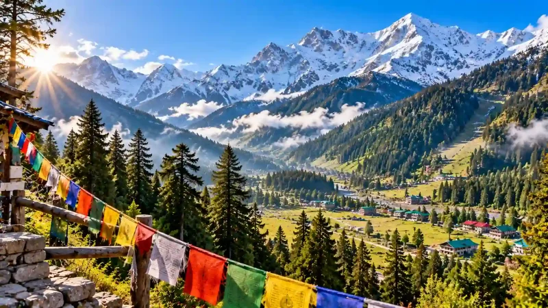 Best Places to Visit in Shimla Kullu Manali showing snow-capped Himalayan peaks and pine forests in Himachal Pradesh