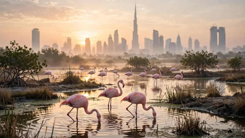 Flamingos at Ras Al Khor sanctuary, among the best wildlife attractions in Dubai