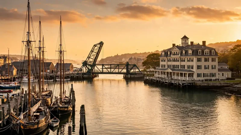 Tall ships and a drawbridge in Mystic harbor at golden hour, illustrating planning a luxurious escape in Mystic, Connecticut