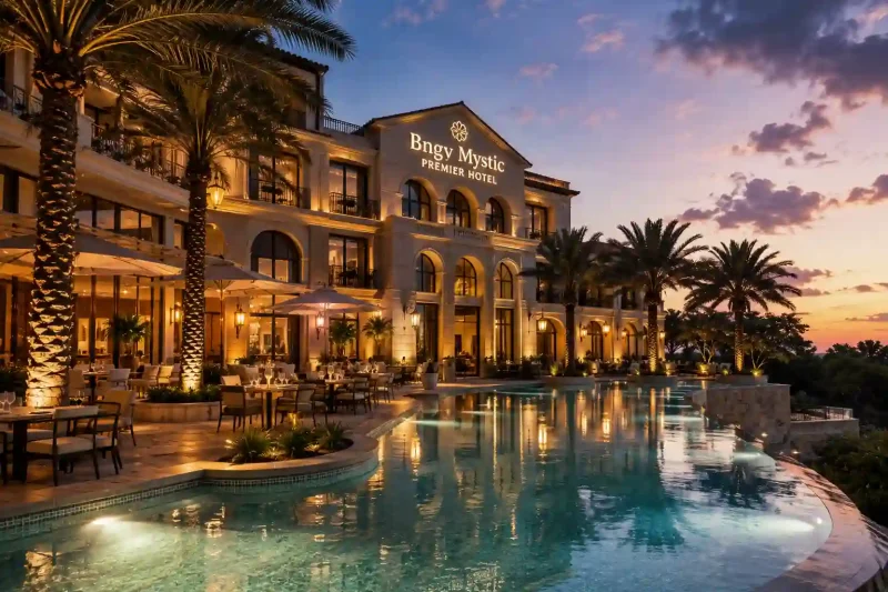 Bngv Mystic Premier Hotel showing a grand luxury hotel facade and sparkling infinity pool at twilight