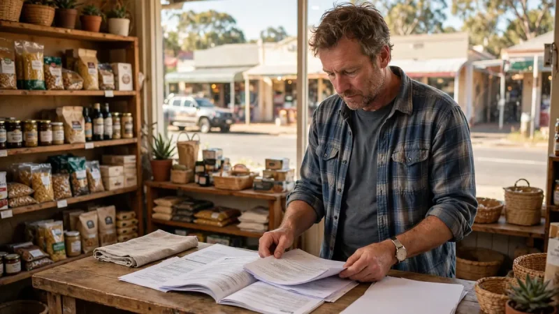 Regional shop owner reviewing business insurance documents at the counter, illustrating business insurance in Stawell and securing a business future