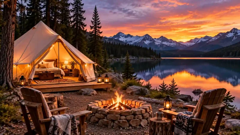 These camping scenario can be your next travel goal featuring luxury tent and alpine lake