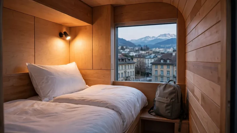 Warm, neatly designed capsule sleeping pod with soft light and bedding, illustrating Capsule Hotel Chapter Lucerne and compact luxury in Switzerland