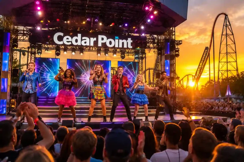 Cedar Point entertainment auditions showing vibrant singers and dancers performing energetic choreography on an outdoor stage