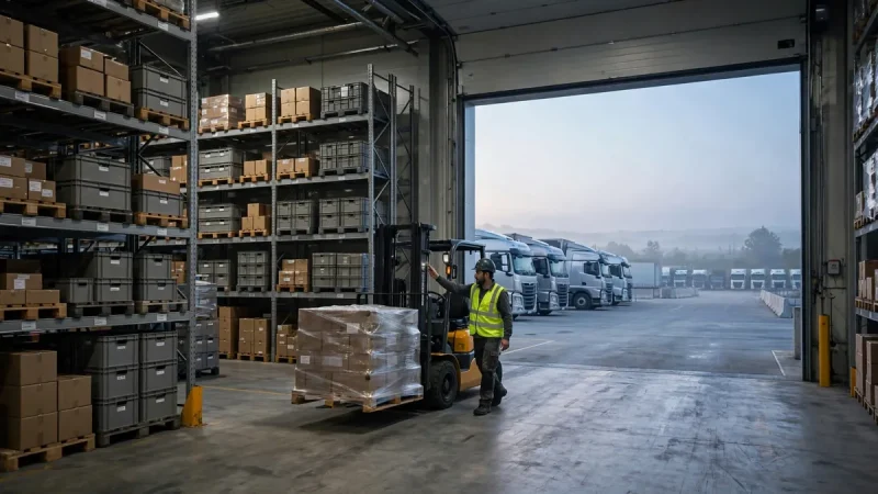 Forklift moving a pallet inside a modern logistics hub at dawn