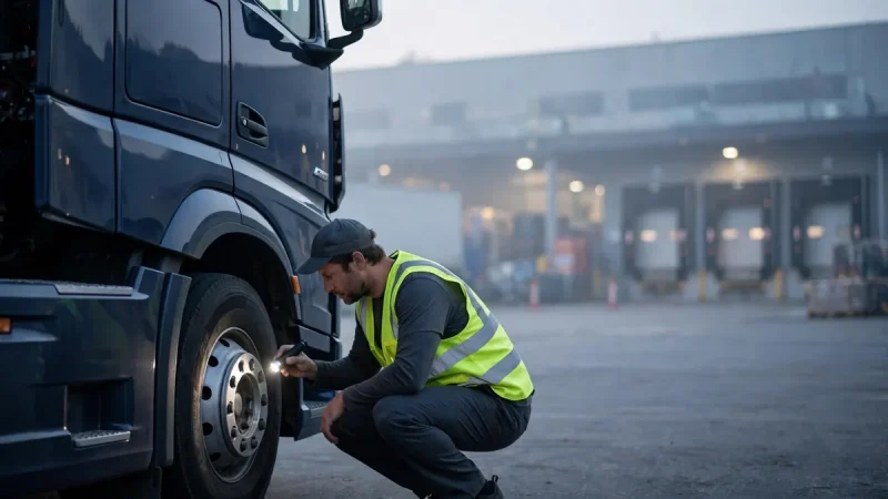CDL driver inspecting a semi truck outside a logistics warehouse at dawn