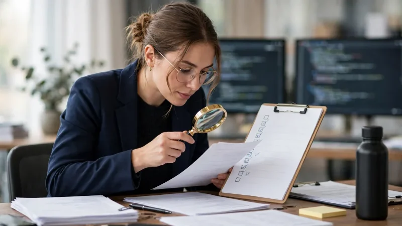 Security auditor reviewing a cryptocurrency audit report with a checklist and magnifying glass