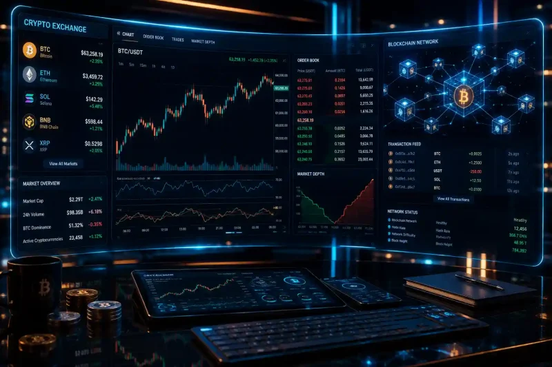 Cryptocurrency exchange development showing digital asset trading terminal with candlestick charts, blockchain nodes, and liquidity depth