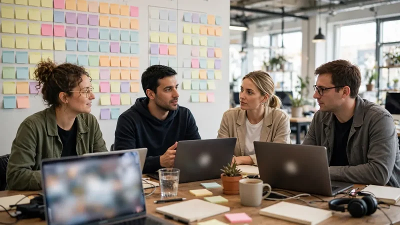 Startup team planning cryptocurrency exchange development on a wall roadmap