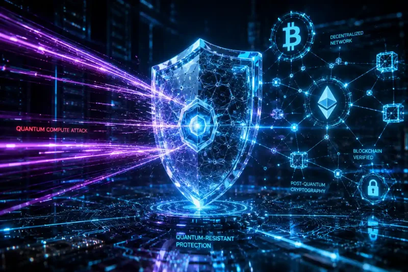 Cryptocurrency quantum resistant cryptographic security shield protecting digital assets.