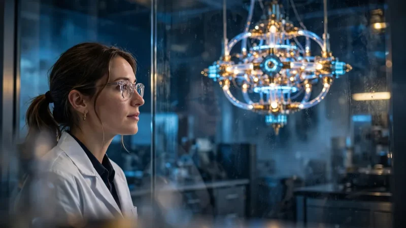 Researcher viewing a quantum computer while planning quantum resistant cryptocurrency security