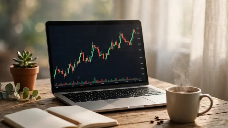Laptop displaying a cryptocurrency candlestick chart with a trading notebook, representing day trading cryptocurrency education