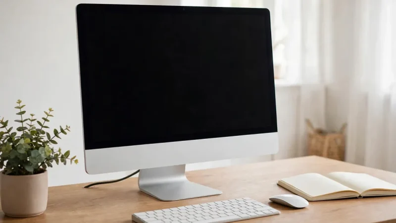 Slim 24-inch all-in-one desktop on a tidy home office desk with wireless keyboard and mouse