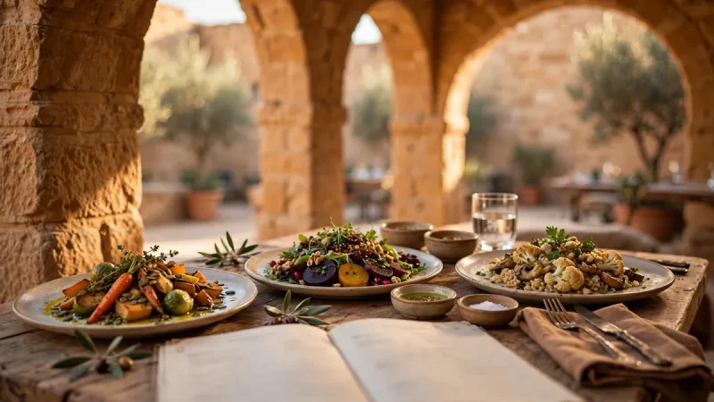 Plated dishes on a table under sandstone arches, illustrating how to read the Sandstone Arches restaurant menu