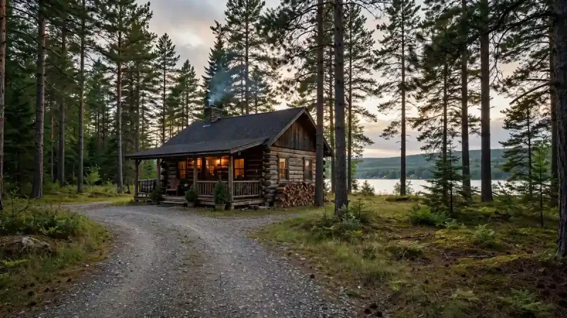 Wooden home among pine trees near Lake Superior, illustrating Hovland MN real estate on the North Shore