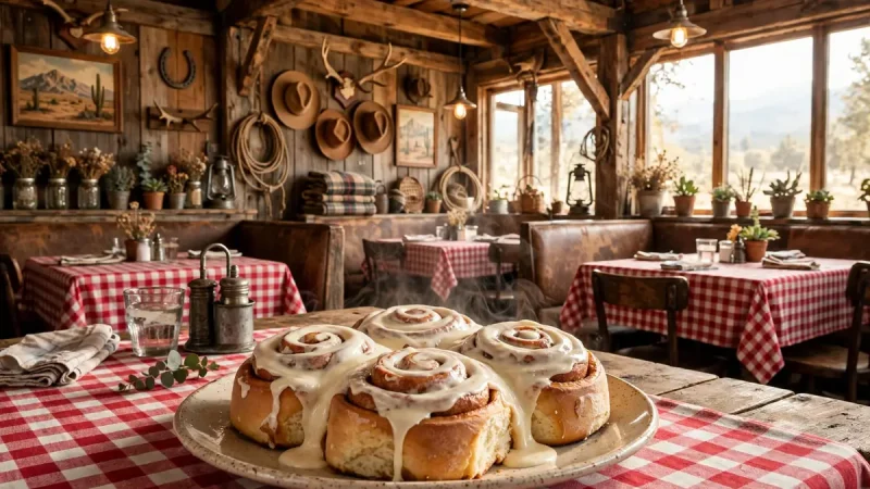 Trailhead Restaurant Riverton Wyoming — rustic dining room with giant cinnamon rolls