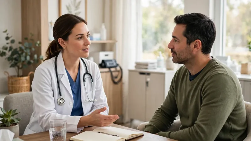 Doctor in a modern clinic talking calmly with a patient during a preventive health consultation