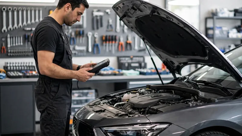 Technician performing European car diagnostics at Euroman Auto Service