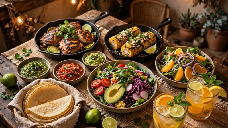 Regional restaurant table with grilled dishes, fresh salsas, warm tortillas, and colorful salads