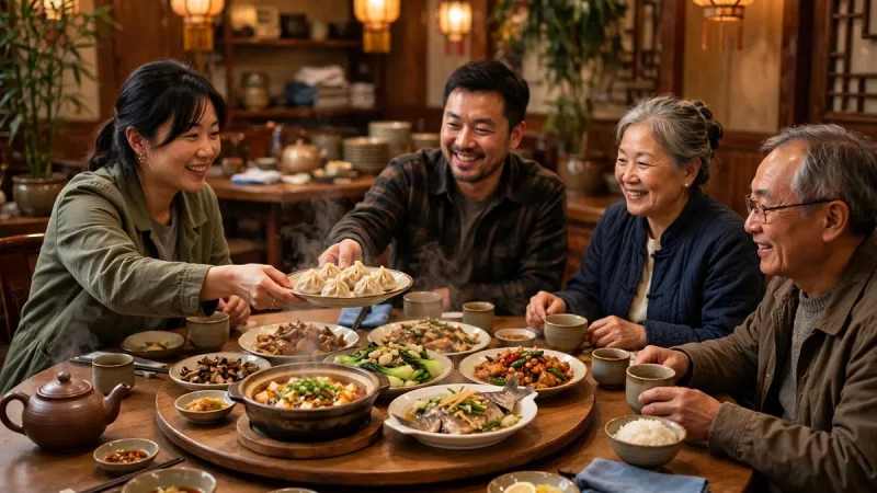 Family sharing steaming dishes around a round table at Yangtse Restaurant