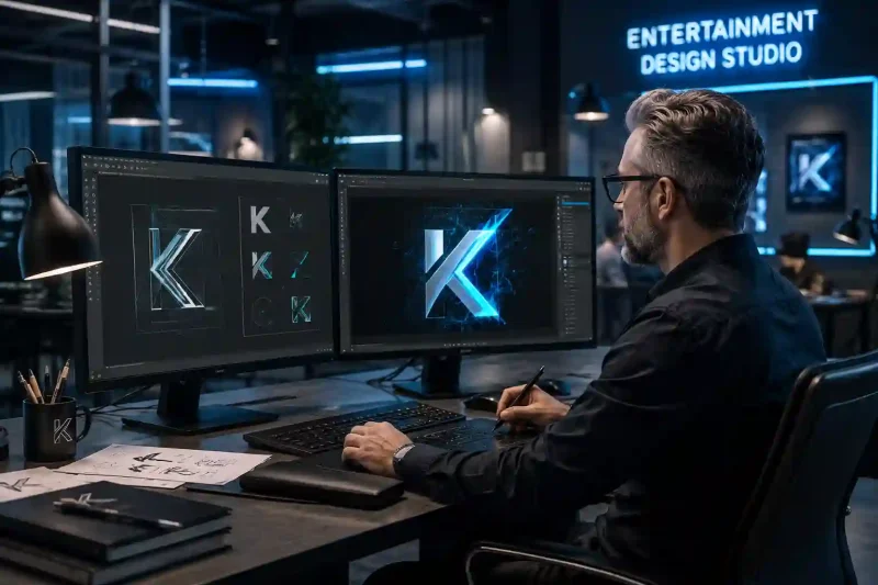Flowfury Entertainment logo showing vector design workspace with glowing futuristic kinetic branding elements
