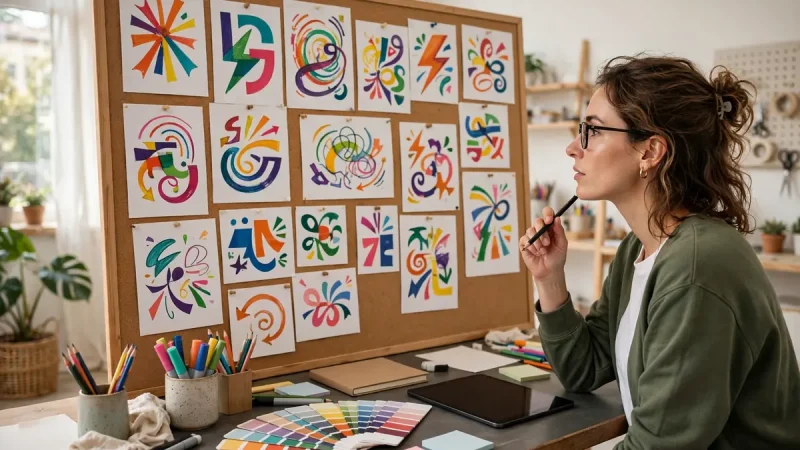 Designer reviewing colourful entertainment logo concepts and colour swatches in a studio