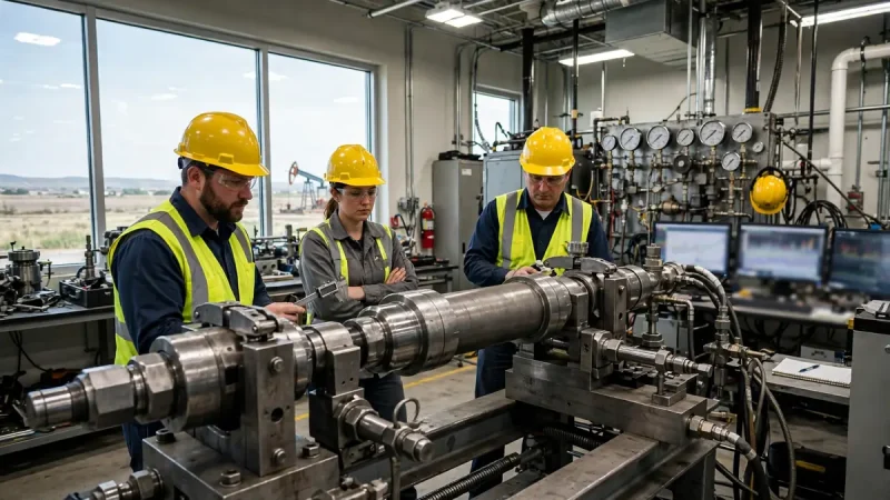 Engineers testing energy equipment inside the Halliburton Duncan Technology Center laboratory