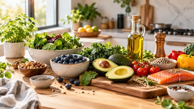 Healthy eating habits featuring fresh vegetables, berries, and wholesome nutrition on a sunlit table