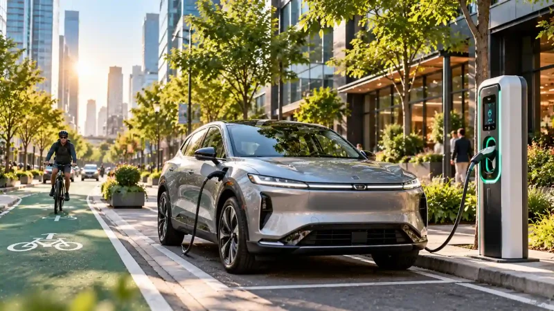 How EVs Are Shaping the Future of Urban Commutes showing an electric car charging at a city curbside station