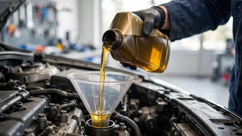 Mechanic pouring fresh golden engine oil through a funnel into a car engine showing how often should you change engine oil