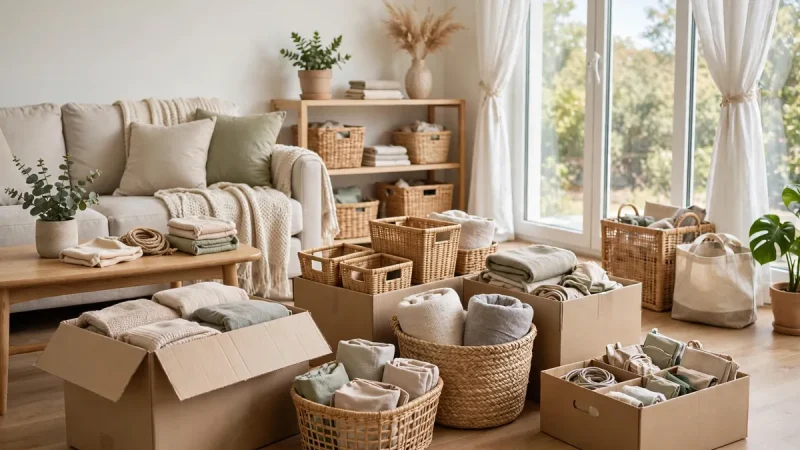 Bright living room with sorting boxes and baskets showing how to declutter your home room by room