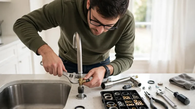 Person repairing a kitchen faucet with an adjustable wrench showing how to fix a dripping faucet with basic tools