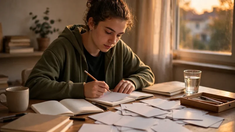Student writing on blank flashcards at a desk with notebooks in warm window light while learning how to improve memory for studying