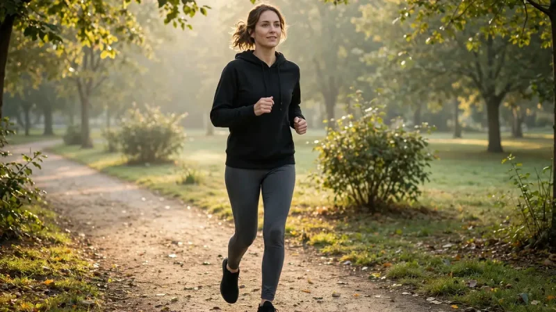 Beginner jogging at an easy pace on a park path in morning light showing how to improve stamina and endurance for beginners