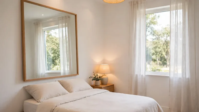 Small bright bedroom with pale walls and a large mirror opposite a window showing how to make a small bedroom look bigger