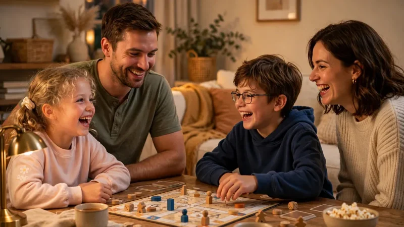 Family playing a board game together at a living-room table showing how to reduce screen time for kids with fun screen-free play