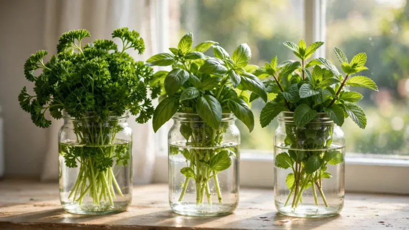 Fresh parsley, basil and mint bunches standing in glass jars of water on a bright kitchen windowsill showing how to store fresh herbs so they last longer