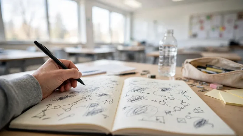 Student writing in an open notebook at a classroom desk showing how to take better notes in class