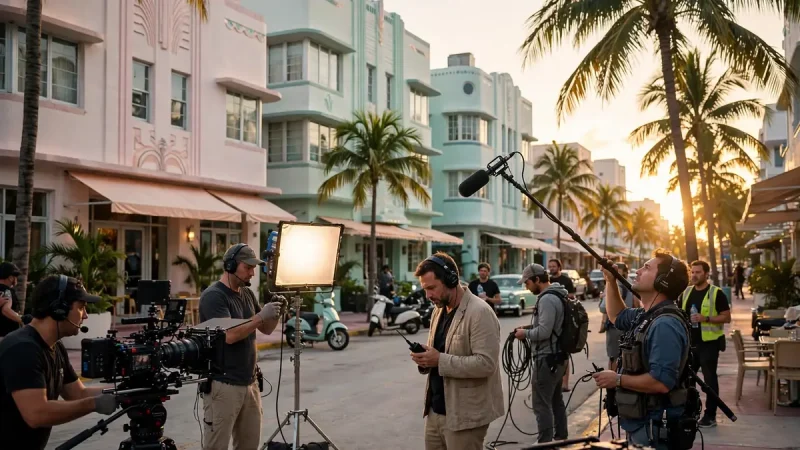 Film crew shooting a scene on a pastel art deco street in Miami at golden hour