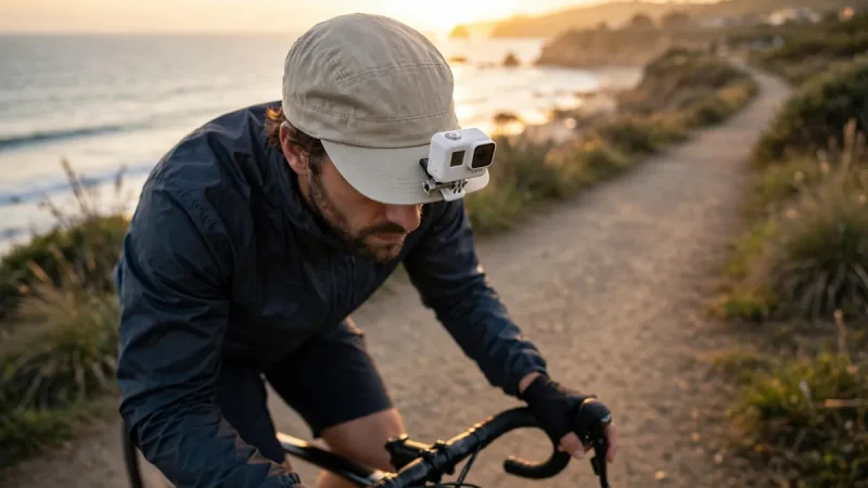 Tiny Insta360 GO 3 style action camera mounted hands-free for point-of-view filming