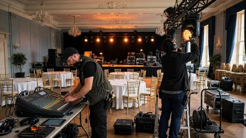 Event production crew testing lighting and sound in a ballroom before guests arrive