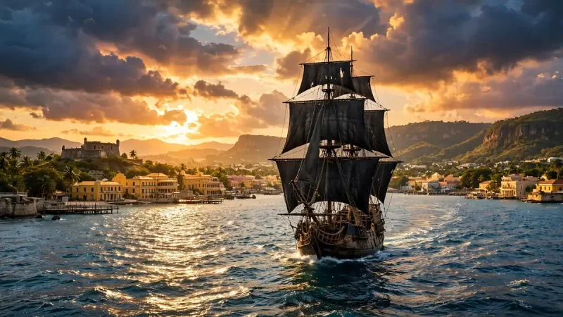 Pirate ship sailing into a Caribbean harbour at sunset, evoking the Pirates of the Caribbean world